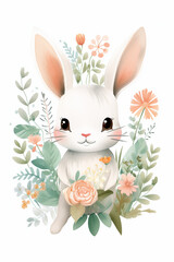 Whimsical Forest Friend: Bunny Surrounded by Silver and Green Plants and Flowers