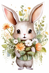 Adorable Bunny in a Floral Wonderland: Childish Clipart with Silver and Green Flora