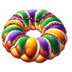 Mardi Gras King Cake Watercolor Clipart - Unique Vibrant Festival Artwork for Creative Projects. Carnival Celebration Illustration - New Orleans King Cake in Festive High-Quality Style Design.