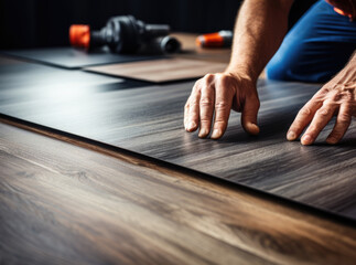Worker hands installing wooden laminate floor - obrazy, fototapety, plakaty