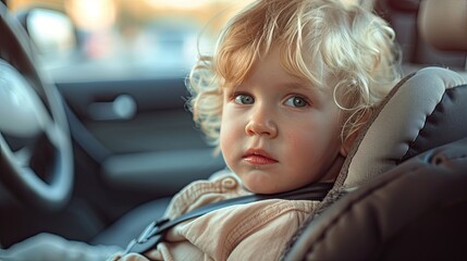 A cute young little blonde white caucasian american kid sitting in the child seat in the family car.