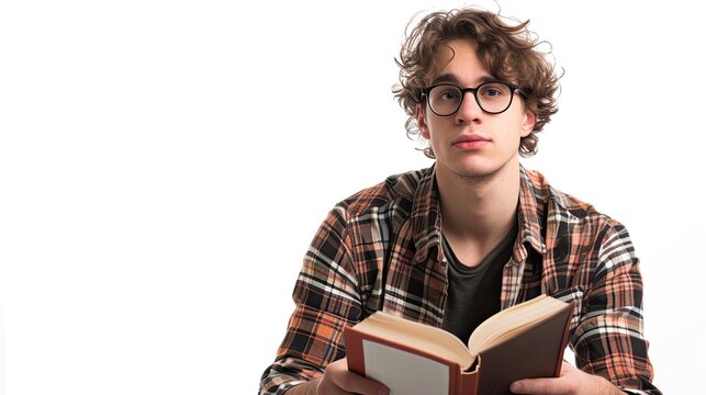 A handsome young nerdy guy wearing glasses sitting reading a book isolated on white background.