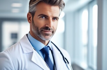Portrait of confident mature doctor standing in Hospital corridor.A stethoscope on the neck of a doctor in a white coat in a bright office