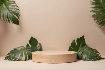 dais podium pedestal display in wooden texture with green tropical leaves and beige background for make-up and beauty product marketing for female woman audience.