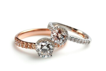 Elegant diamond engagement rings isolated on white background. Luxury bridal jewelry closeup.