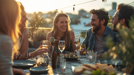 Happy friends having fun outdoors  Young people enjoying harvest time together - Out door dinner...