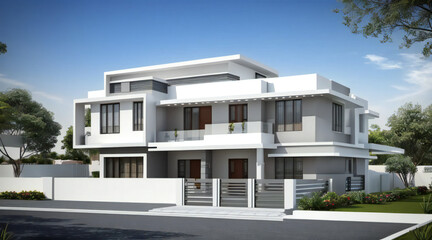 Fototapeta premium Modern white multi-story house with flat roof and balcony