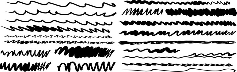 set of lines of different thicknesses, wavy underlines hand drawn childish doodle - obrazy, fototapety, plakaty