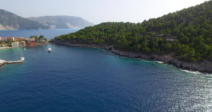 Drone panning on Agriosiko Beach, a secret getaway in a peninsula located in the island of Kefalonia in Western Greece.