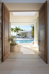 Welcome to the Coast: Modern Entrance Hall with Louvered Door, Stone Tiled Floor, and Sea Vista