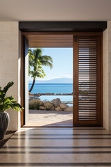 Ocean Breeze Entryway: Louvered Door, Stone Tiled Floor, and Sea Horizon in Modern Coastal Design