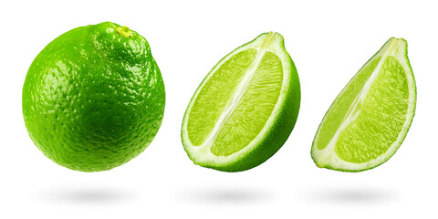 Lime set isolated. Collection of ripe whole lime, half and slice lime on a transparent background....