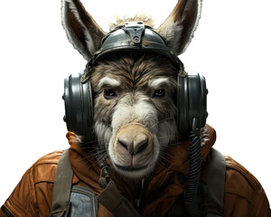 Donkey wearing earphones isolated on white background
