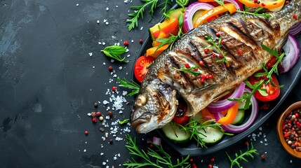 Grilled fish with vegetable salad onion. Ai generative - obrazy, fototapety, plakaty