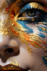 Palette of Beauty: Detailed View of Colorful Eye with Dried Paint Particles in Bright Makeup