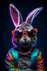 Tiny DJ Sensation: Young Rabbit Rocking Sunglasses in Neon Light, Feeling the Music