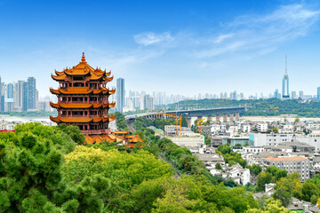 A long view of the Yellow Crane Tower, Wuhan, Hubei, China.