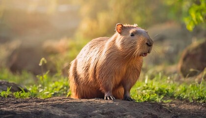 Capybara, Hydrochoerus hydrochaeris, the largest mouse near the water in the wild, Pantanal, Brazil. Cute mammal.