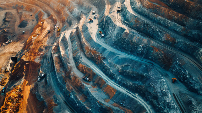 Aerial view of a massive open-pit mine with terraced layers and heavy machinery at work.