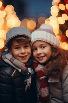 Siblings' Holiday Delight: Cute Girl and Boy Enjoying Christmas Festivities in the Glowing Cityscape