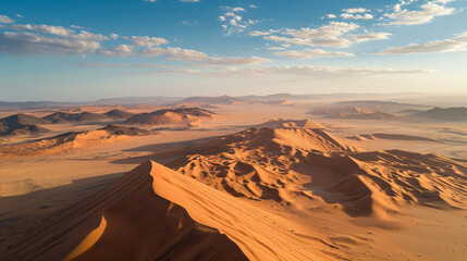Fototapeta na wymiar Aerial view of a sprawling desert landscape at noon featuring vast sand dunes and sporadic oases.
