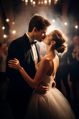 Dancing into Forever: Groom Tenderly Kisses Bride in the Graceful Atmosphere of a Night Wedding Waltz