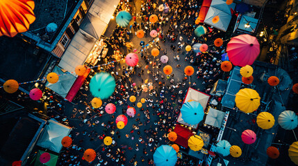 Aerial view of a vibrant festival in a city square with colorful decorations and crowds of people celebrating. - obrazy, fototapety, plakaty