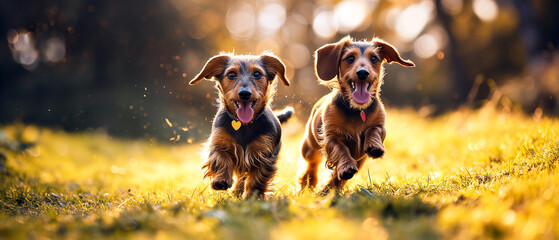 Two cute dachshund dogs running on the grassy sunny clearing of a forest in the afternoon sunset....