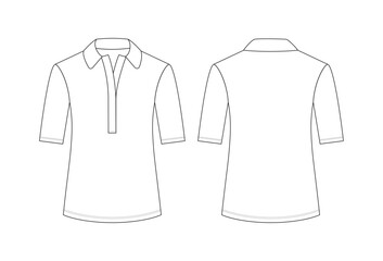 Vector fashion technical drawing of a polo shirt with front and back view. Above elbow sleeve length. Buttonless placket. Knit fabric.