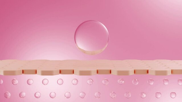 Many transparent small essence bubbles rotating around and then merging into a large essence bubble and falling down. Bubbles drop into the skin layer to refresh anti aging beauty skin