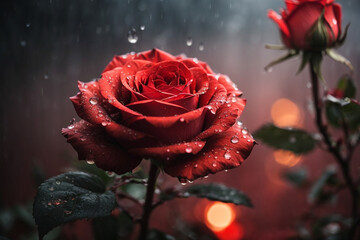 A close up picture with water drops on the red rose