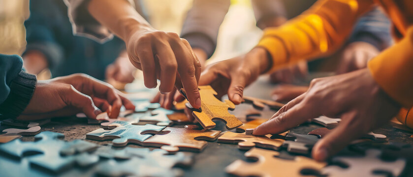 Hands of People working together to solve a puzzle, showing teamwork or team building concept