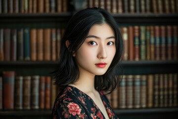 Studio portrait of a young Asian model with a backdrop of a classic bookshelf