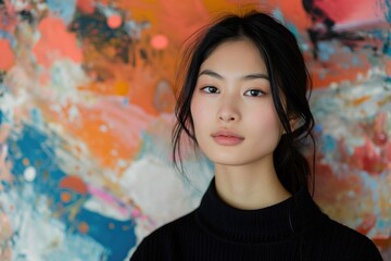 Studio portrait of a young Asian model with a backdrop of colorful abstract art