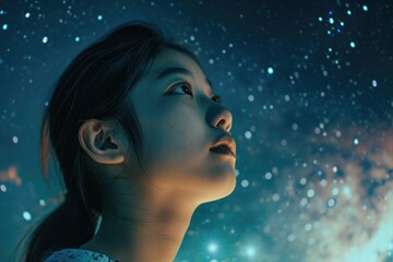 Studio portrait of a young Asian model with a background of outer space and stars