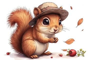 cartoon squirrel wearing a hat - obrazy, fototapety, plakaty