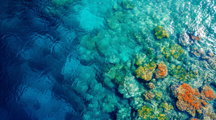Aerial view of a colorful coral reef in a crystal-clear ocean teeming with marine life.