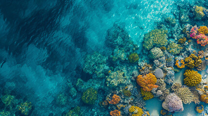 Naklejka na ściany i meble Aerial view of a colorful coral reef in a crystal-clear ocean teeming with marine life.