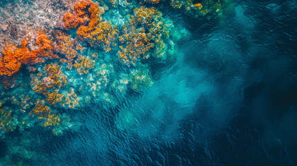 Aerial view of a colorful coral reef in a crystal-clear ocean teeming with marine life. - obrazy, fototapety, plakaty