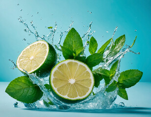 close up of lime and mint leaves with water splash on light blue background