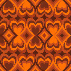 Groovy Hearts Seamless Pattern. Psychedelic Distorted Vector Background in 1970s-1980s Hippie Retro Style for Print on Textile, Wrapping Paper, Web Design and Social Media. Pink and Purple Colors.