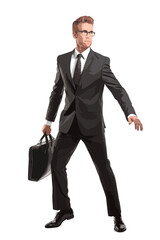 businessman in suit holding briefcase. Leader success, management concept. vector people character illustration.