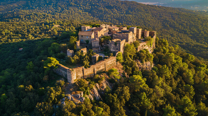 Fototapeta na wymiar Aerial view of a grand ancient fortress on a hill surrounded by a dense forest.