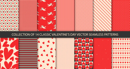 Set of 14 patterns with hearts, cupids, cherubs and geometric lines in red vintage colors. St. Valentine's Day trendy backgrounds. Vector retro illustrations.