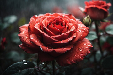 A close up picture with water drops on the red rose