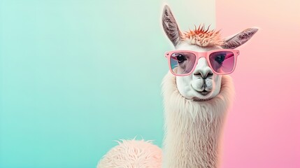 Naklejka premium Llamazing vibes! Creative animal concept with a llama rocking sunglass shade glasses on a solid pastel background. Unleash surreal charm for commercial and editorial greatness.