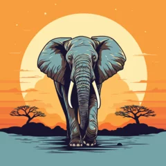 Outdoor kussens African elephant in the savanna. Vector colored illustration of a walking elephant © baobabay