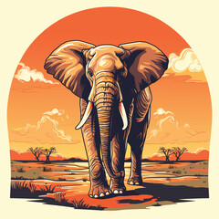 African elephant in the savanna. Vector colored illustration of a walking elephant