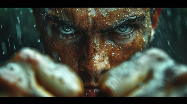 Intense close-up of a boxer's gaze in the pouring rain