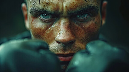 Close-up of boxer in gloves, exuding readiness and resilience.